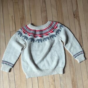 Child’s Hand Knit Cream Sweater with Elephant Fairisle Pattern Nordic 8-10 yrs
